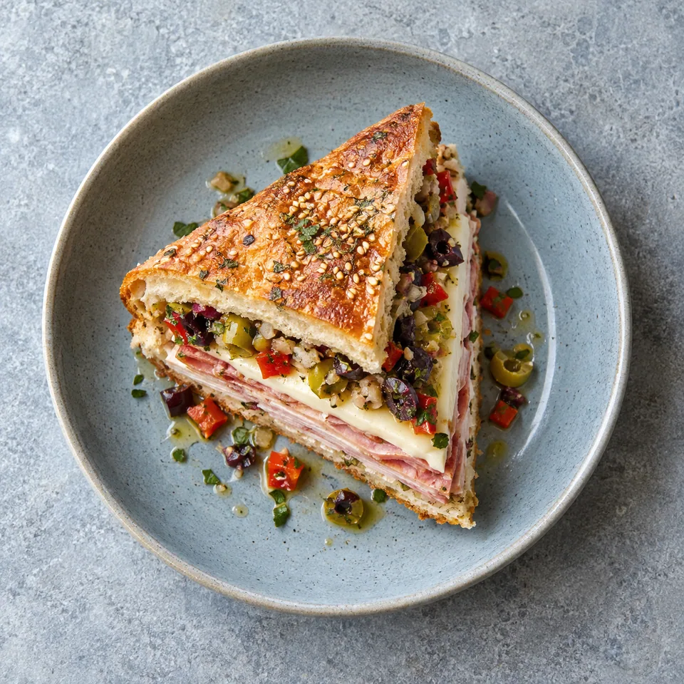 Muffuletta à la dinde et mozzarella : part triangulaire sur assiette bleue, montrant les couches de viande, fromage et olives.