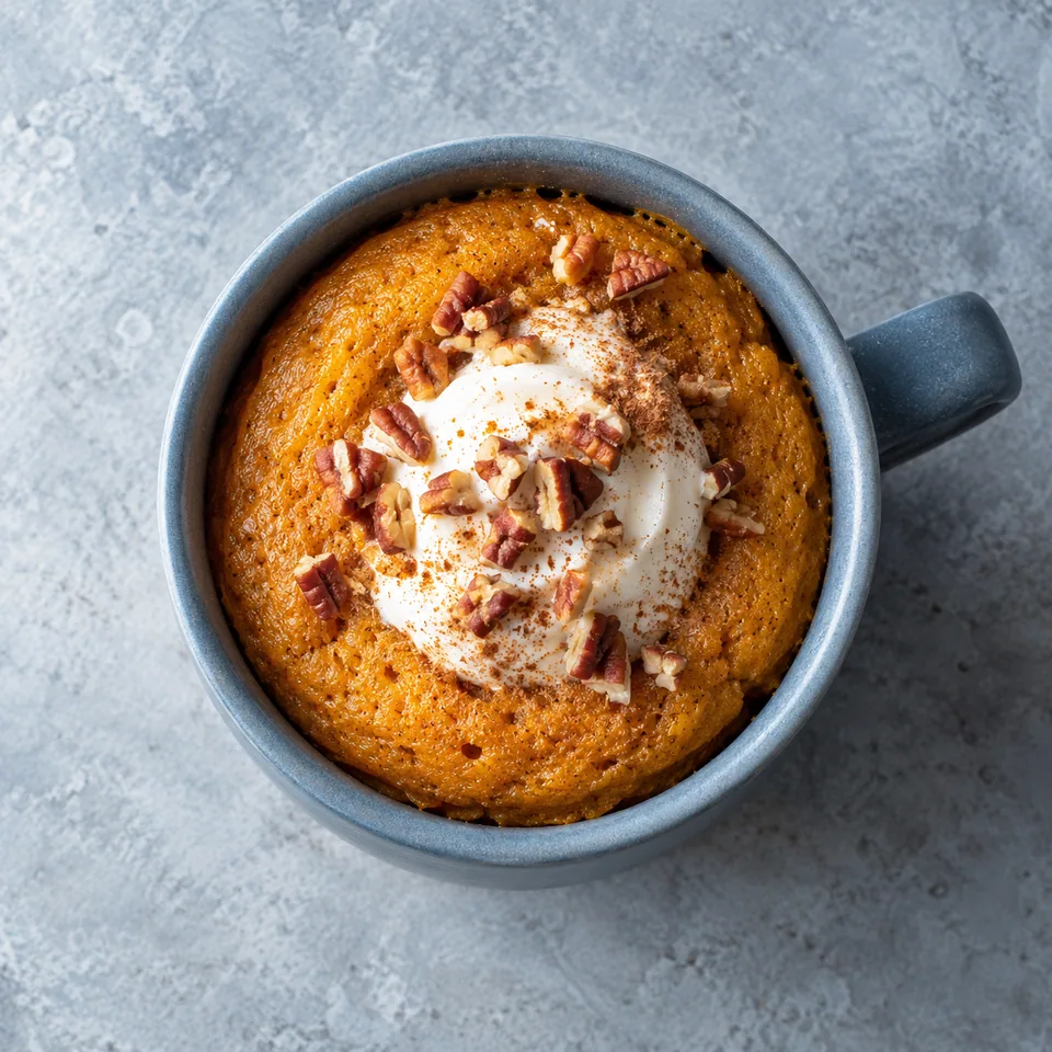 Mug cake à la citrouille et aux épices dans un mug bleu-gris, texture fondante orange doux.