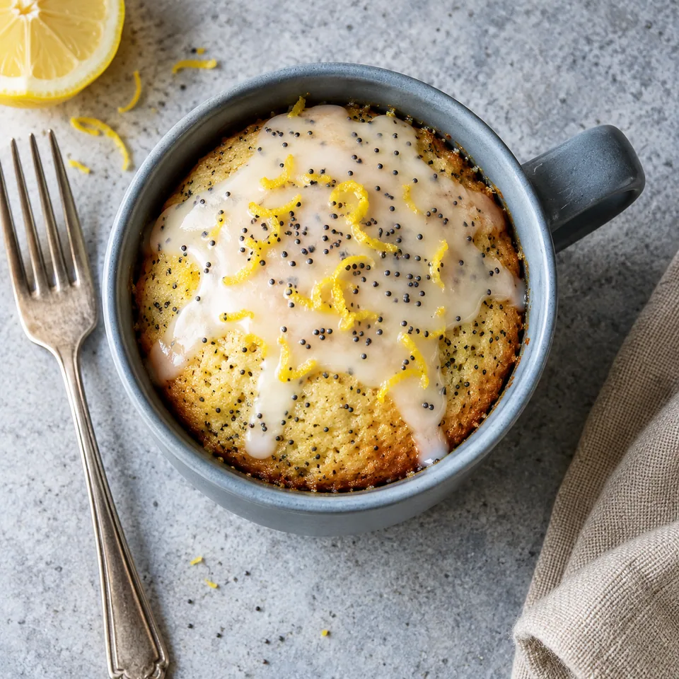 Mug cake citron-pavoy au yaourt dans un mug bleu-gris, glaçage blanc brillant et graines de pavot.