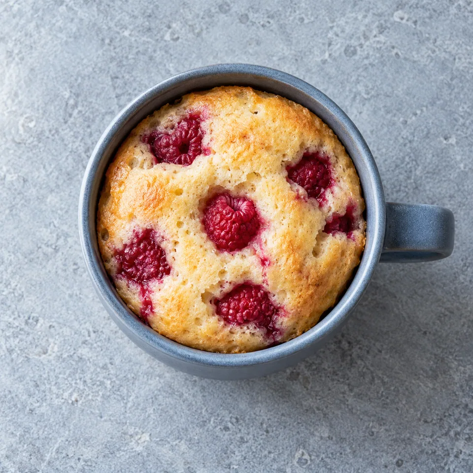 Mug cake moelleux au fromage blanc et framboises dans un mug bleu-gris, vue de dessus.