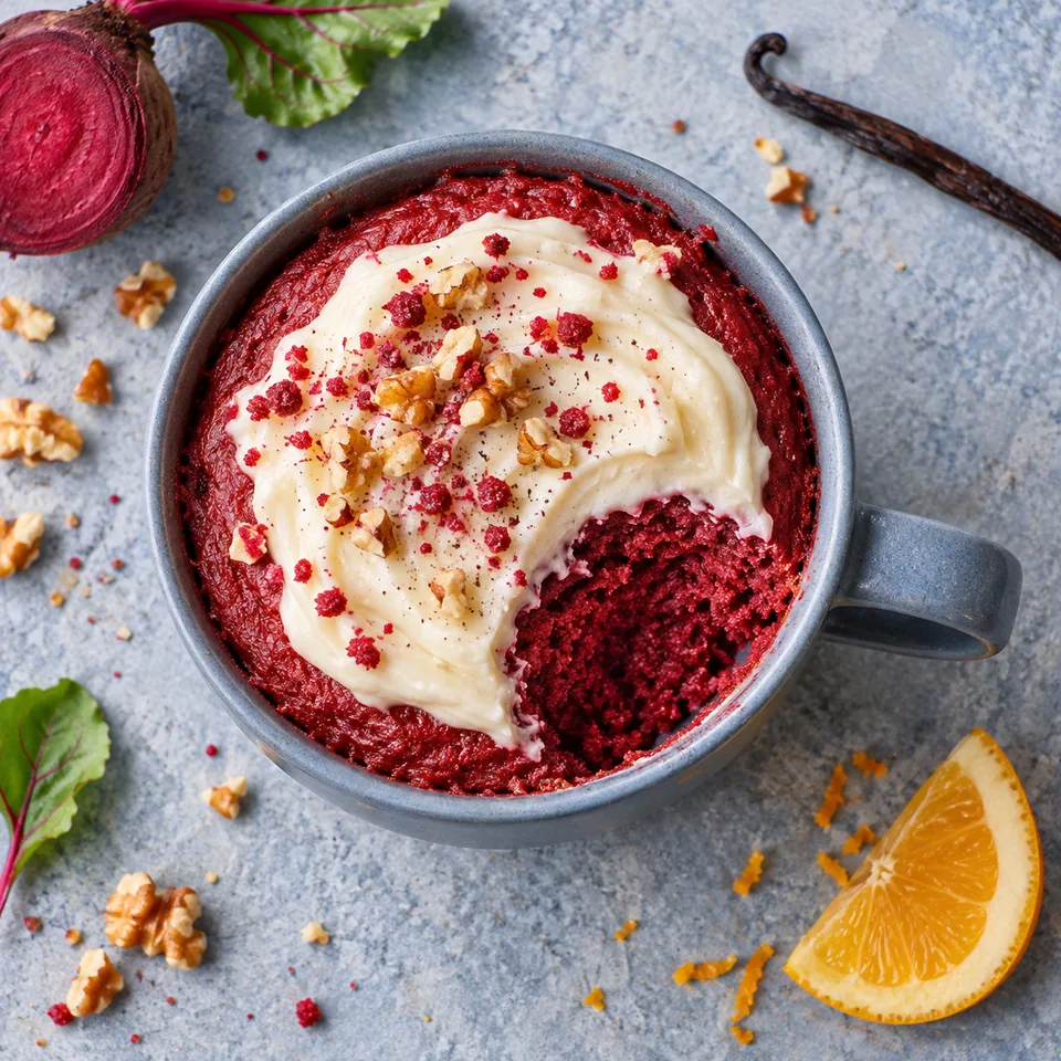 Mug cake red velvet à la betterave dans un mug bleu-gris, nappé de crème vanille