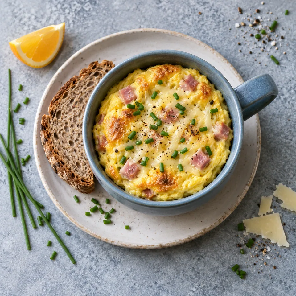 Mug omelette au micro-ondes, jambon et fromage : omelette dorée avec jambon et emmental dans un mug bleu-gris, servie avec pain complet sur assiette blanche.