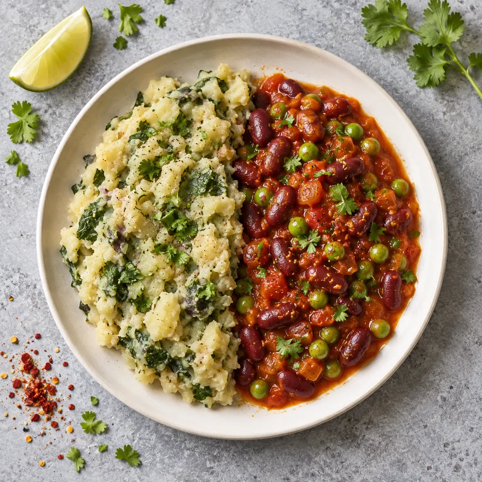 Assiette de Mukimo, purée kényane aux légumes : purée de pommes de terre beige à côté de haricots rouges et pois dans une sauce tomate rouge.