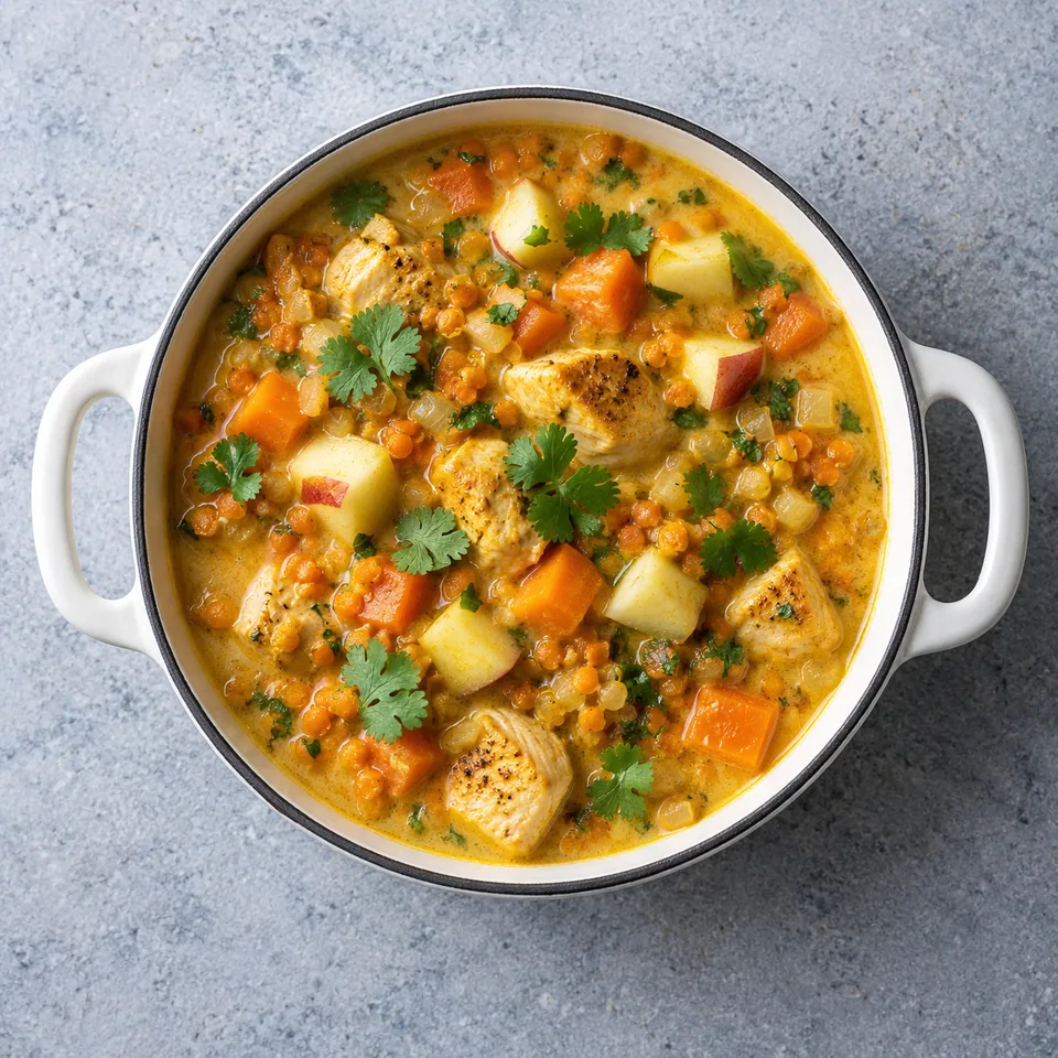 Portion de mulligatawny au poulet et pomme dans une cocotte, avec dés de poulet doré, lentilles et légumes dans un bouillon crémeux.