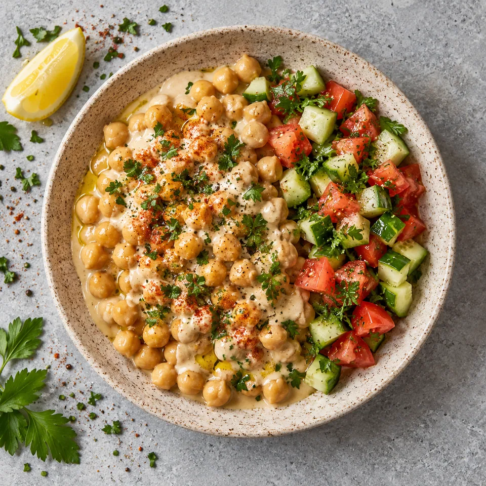Musabaha tiède : pois chiches nappés de sauce tahini crémeuse, accompagnés de dés de concombre et tomate frais sur une assiette en grès beige.