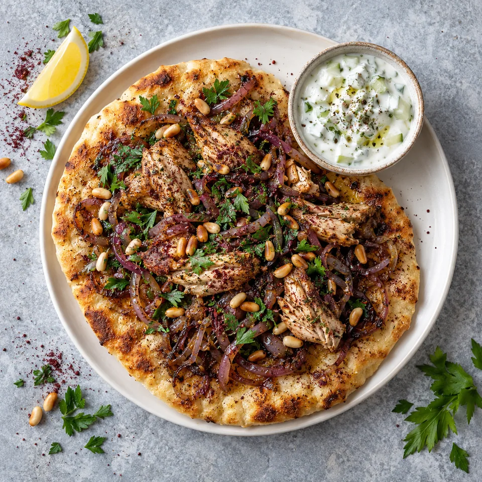 Musakhan au poulet, sumac et pain plat : pain croustillant garni de poulet épicé, oignons et pignons, accompagné de sauce yaourt-concombre.