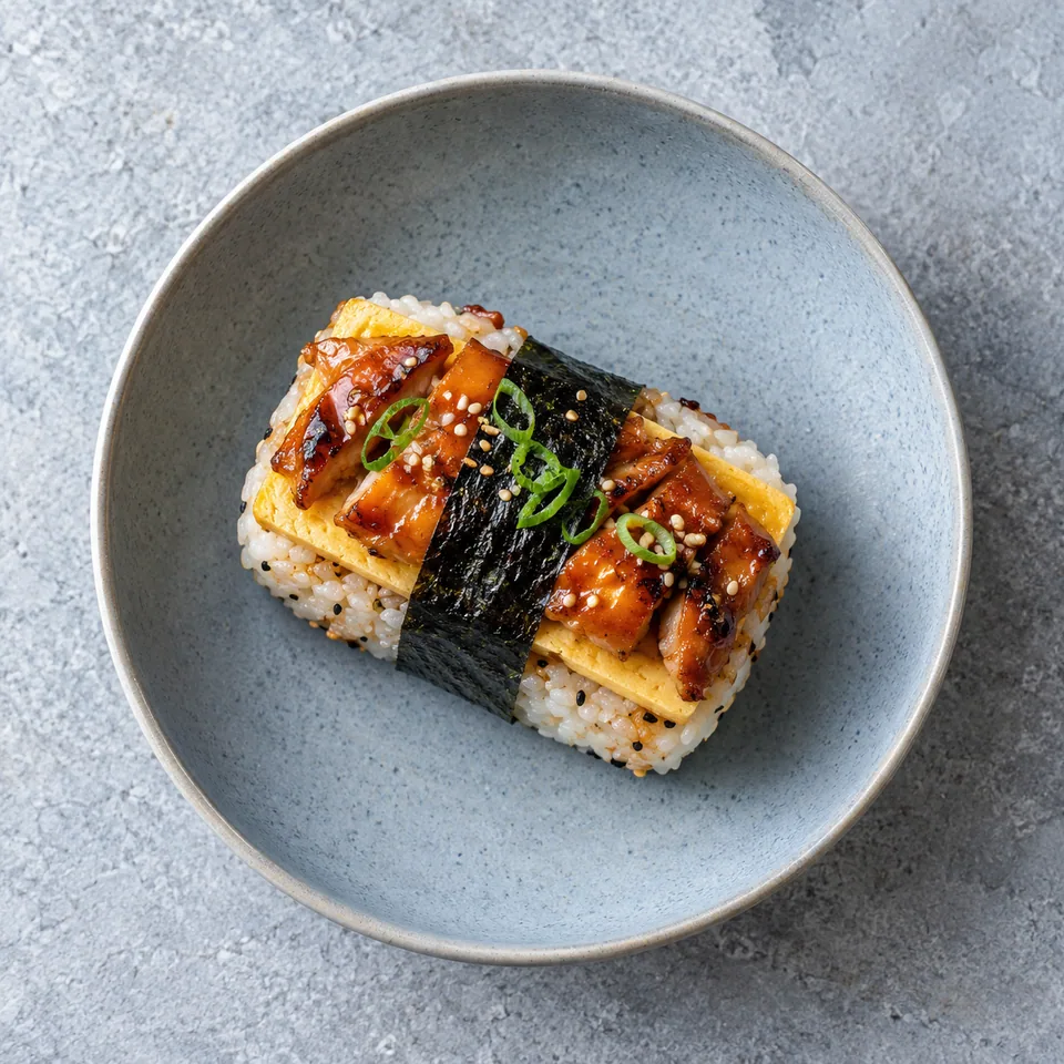 Musubi au poulet teriyaki : portion rectangulaire de riz, omelette et poulet nappé, ceinturée de nori et parsemée de sésame.