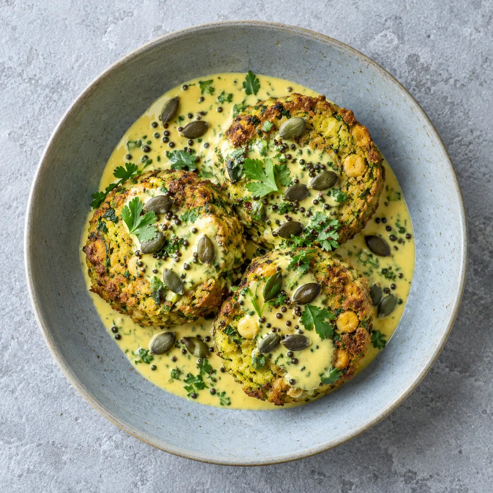 Muthia de courgette aux pois chiches : tranches dorées nappées de sauce crémeuse verte et graines de courge sur assiette bleue.