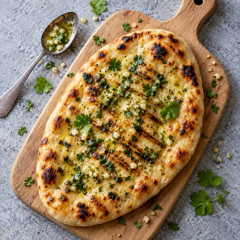 Naan au barbecue, ail et coriandre : pain ovale doré badigeonné de beurre, ail et coriandre sur planche en bois.