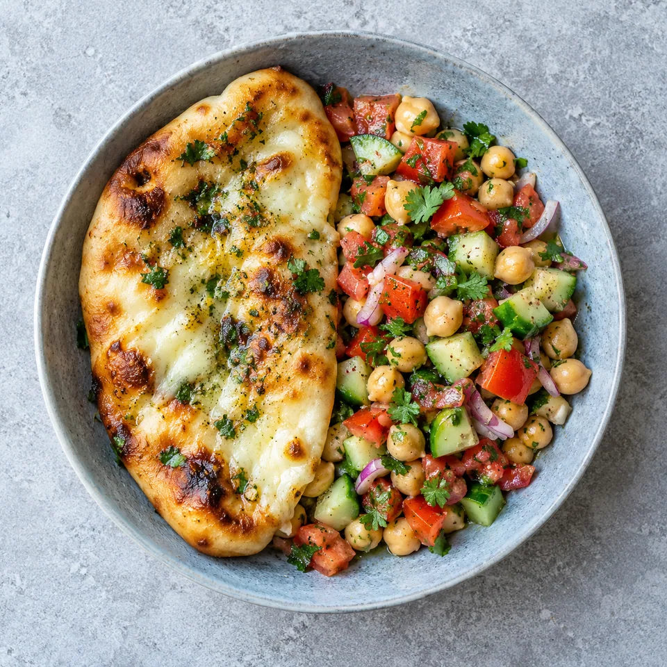 Naan au fromage poêlé servi avec salade de pois chiches et légumes frais sur assiette grise.