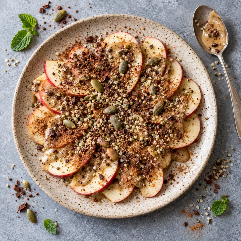 Nachos de pomme au cacao et graines : rondelles de pomme en éventail, nappées de purée de tournesol et saupoudrées de cacao, cannelle et graines.