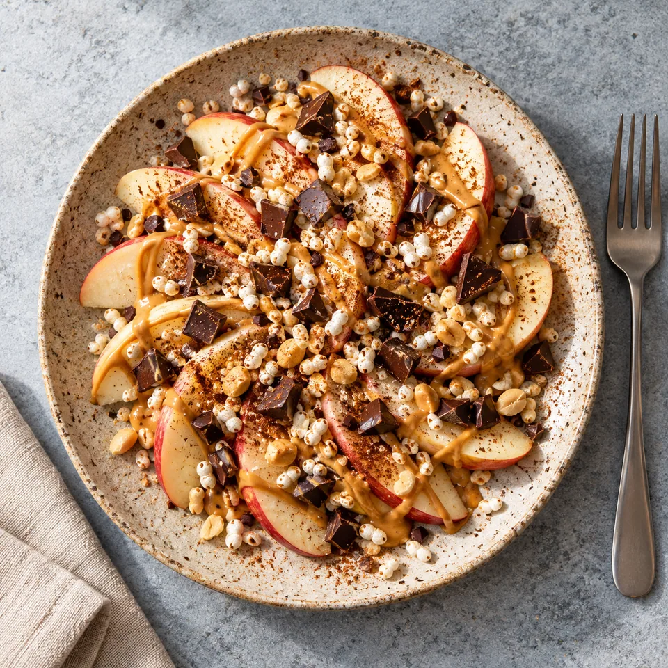 Nachos de pommes, cacahuète et chocolat : tranches de pommes nappées de beurre de cacahuète, riz soufflé et chocolat noir sur une assiette en grès beige.