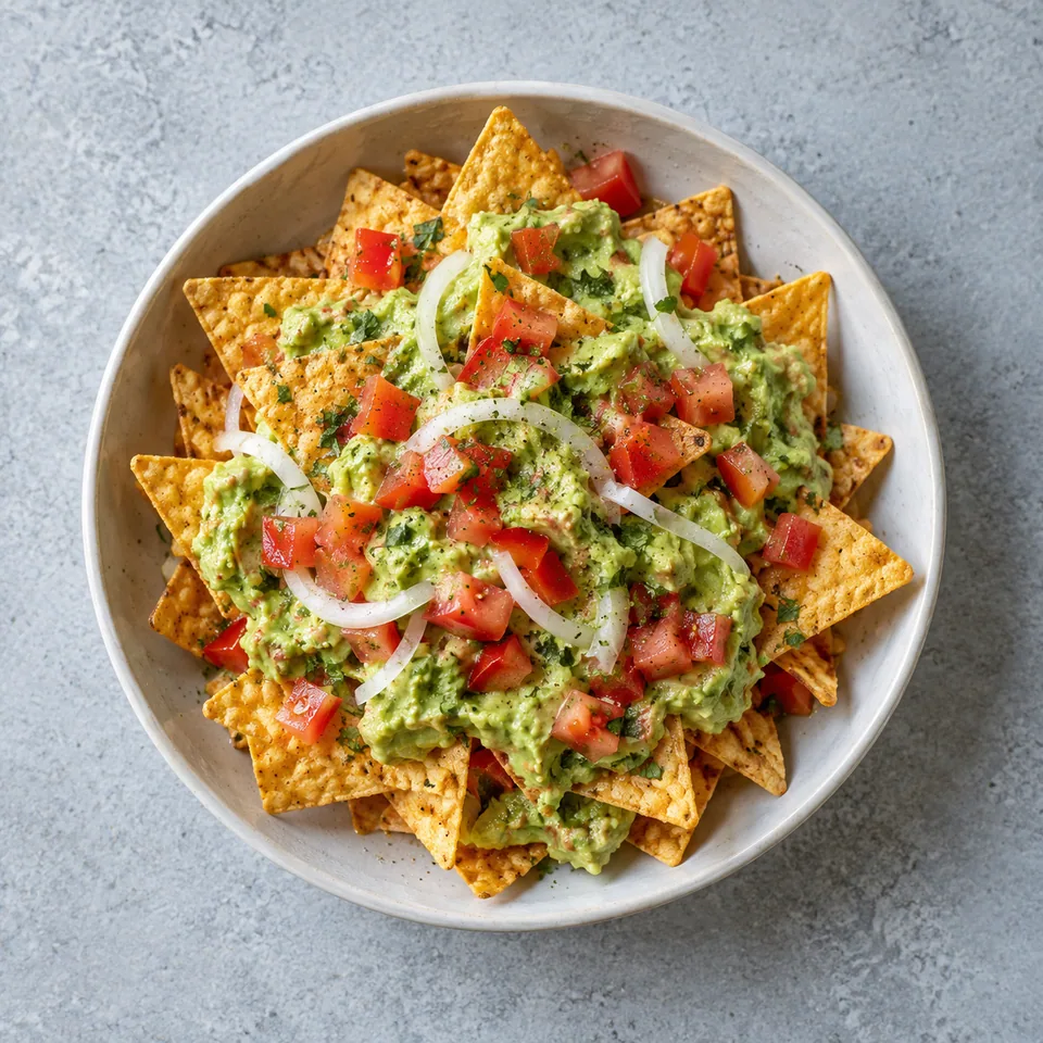 Nachos maison à l'avocat : triangles dorés nappés de guacamole vert avec dés de tomate et oignon.