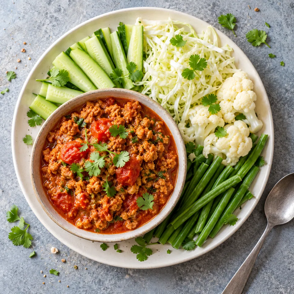 Nam prik ong : porc émincé doré en sauce tomate rouge vif, accompagné de crudités croquantes vertes et blanches sur assiette blanche.