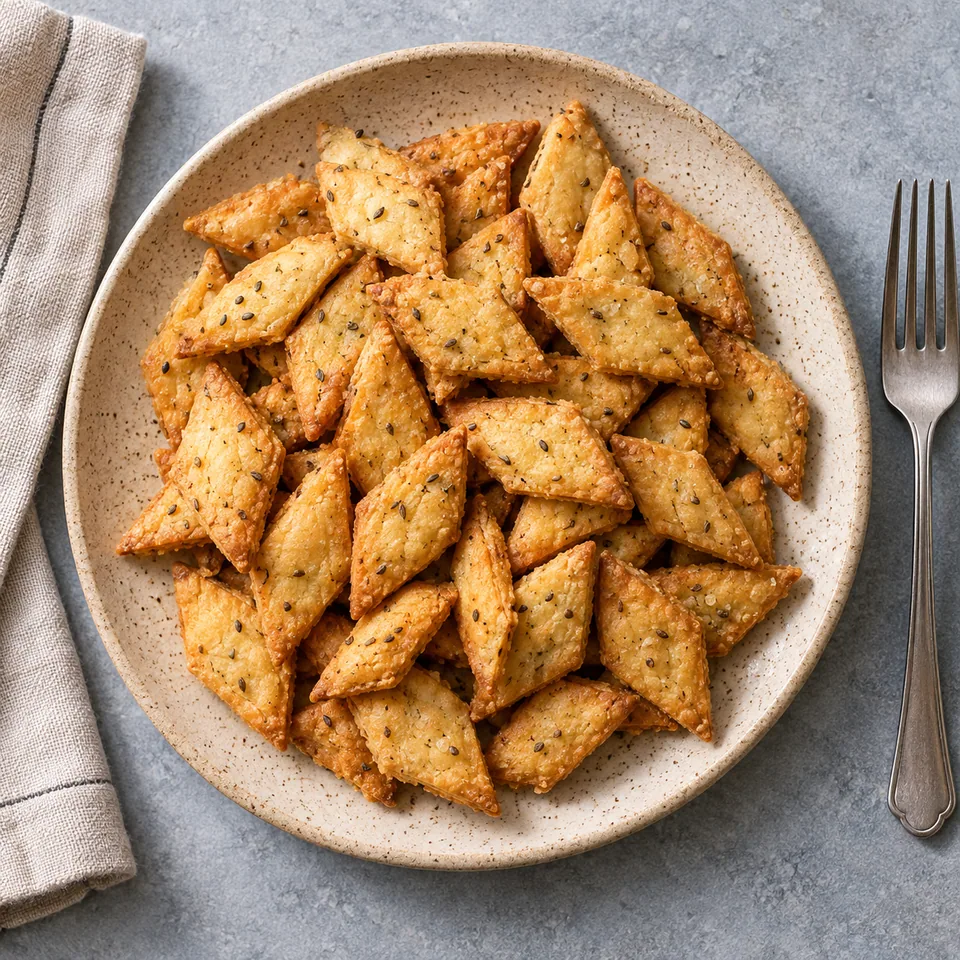 Namak pare au four : losanges croustillants et dorés servis en portion sur une assiette en grès beige moucheté.