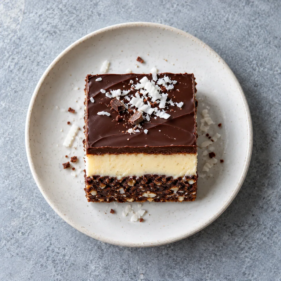 Un carré de bar Nanaimo aux trois couches : base biscuit cacao, crème vanillée et glaçage chocolat brillant.