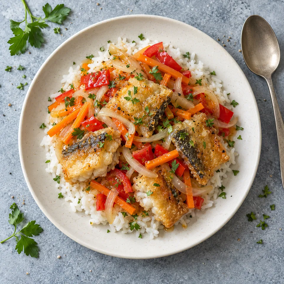 Nanbanzuke de merlu aux légumes croquants sur riz blanc, poisson doré et légumes colorés.