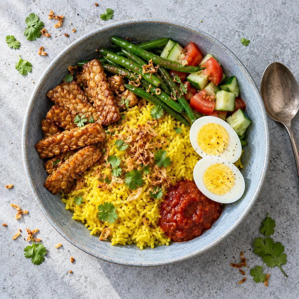 Assiette de Nasi kuning : riz jaune, tempeh doré, légumes frais et œuf dur, sauce tomate.