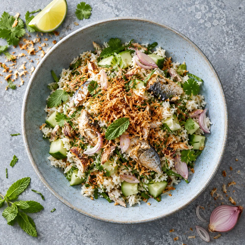 Nasi ulam aux sardines et coco grillée : riz, concombre, herbes et sardines dans une assiette bleue, parsemé de coco dorée croustillante.