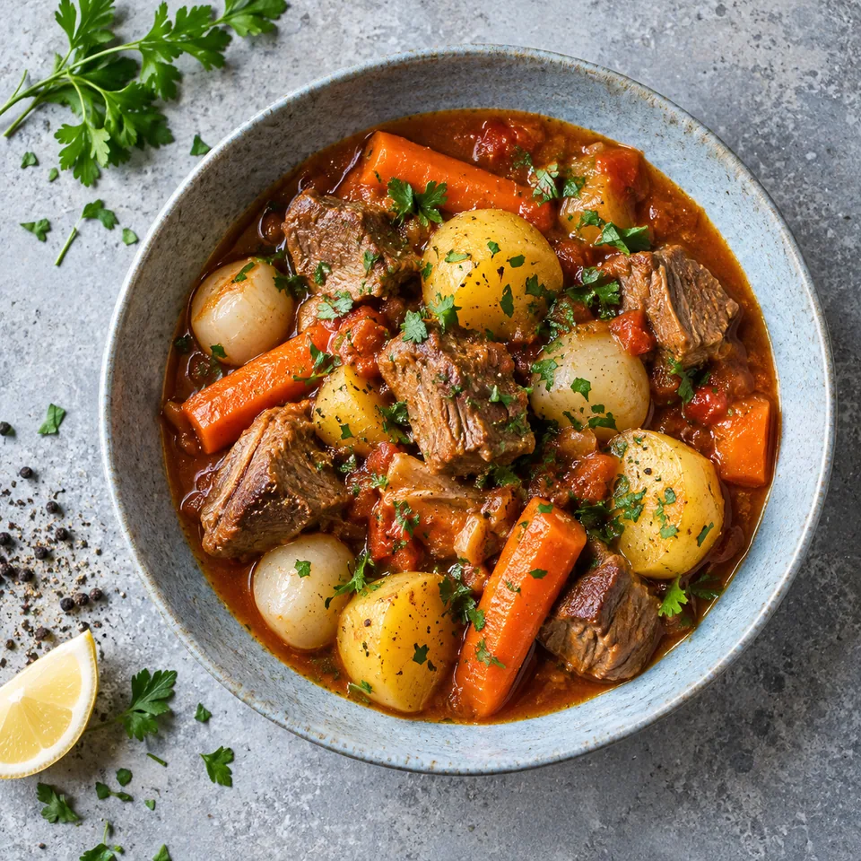 Navarin d’agneau aux légumes primeurs : cubes d'agneau dorés, carottes, navets, pommes de terre et haricots verts dans une sauce tomate, parsemé de persil.