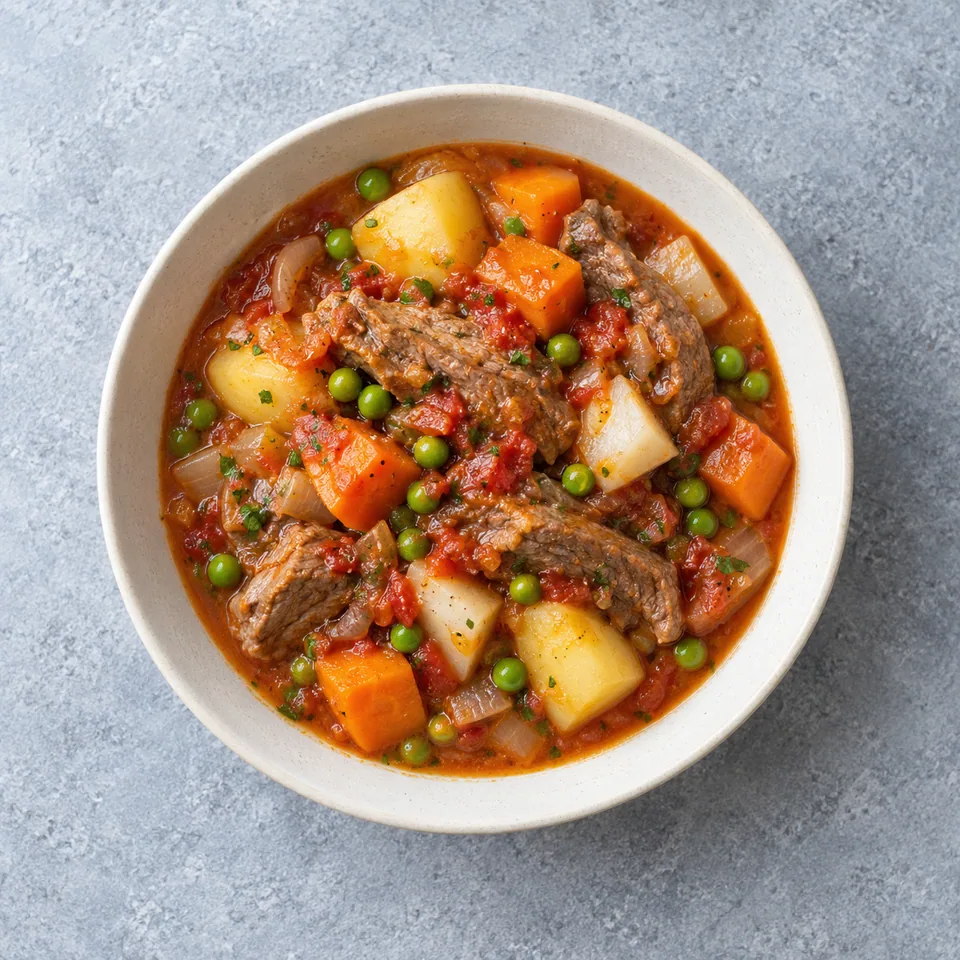 Navarin express d’agneau aux légumes : lamelles d’agneau et légumes mijotés dans une sauce tomate orangée.