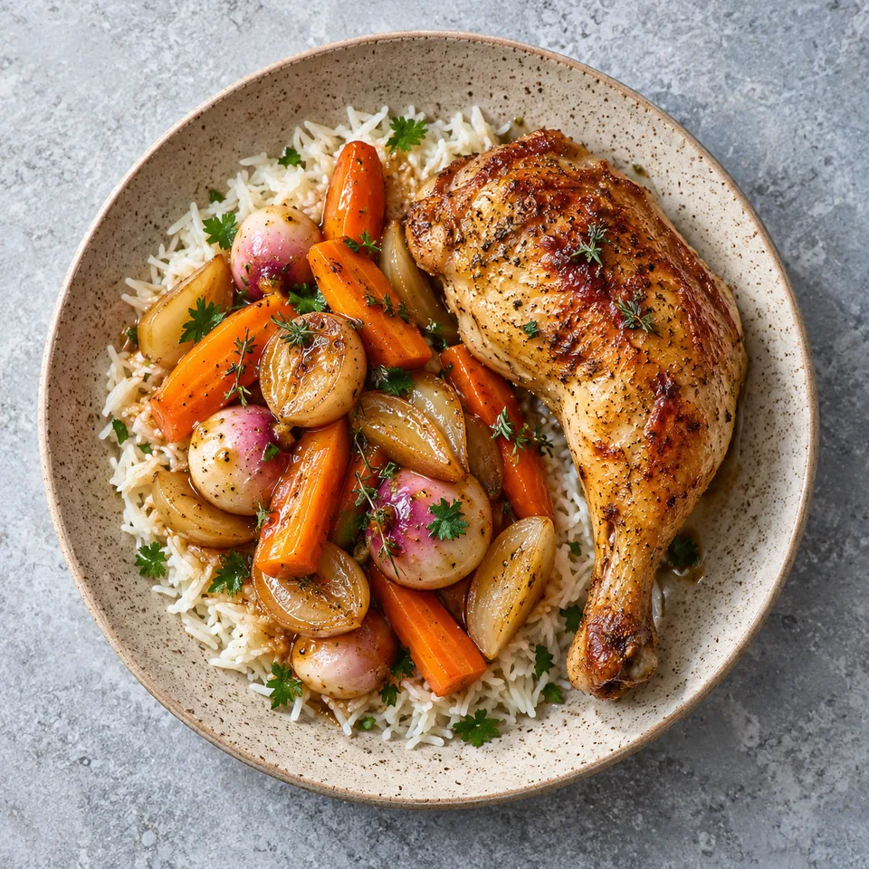 Assiette de riz, légumes glacés aux couleurs vives et cuisse de poulet rôti dorée.