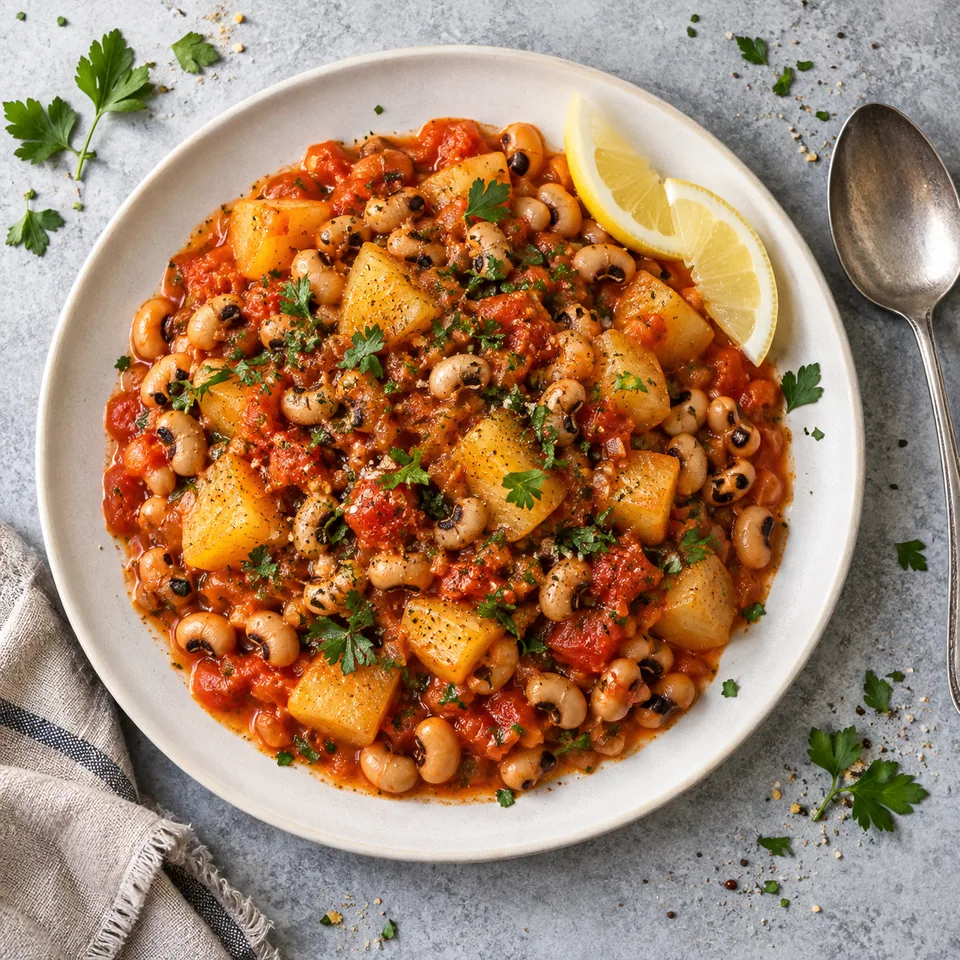Ndambé, haricots niébé à la tomate : portion de haricots et pommes de terre en dés dans une sauce tomate rouge, garnie de persil vert, sur une assiette blanche.