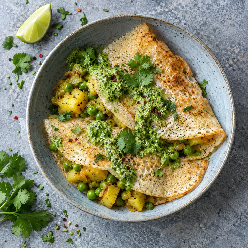 Neer dosa aux pommes de terre au curcuma : deux crêpes fines dorées garnies de légumes mijotés et chutney vert coriandre-citron sur assiette grise.