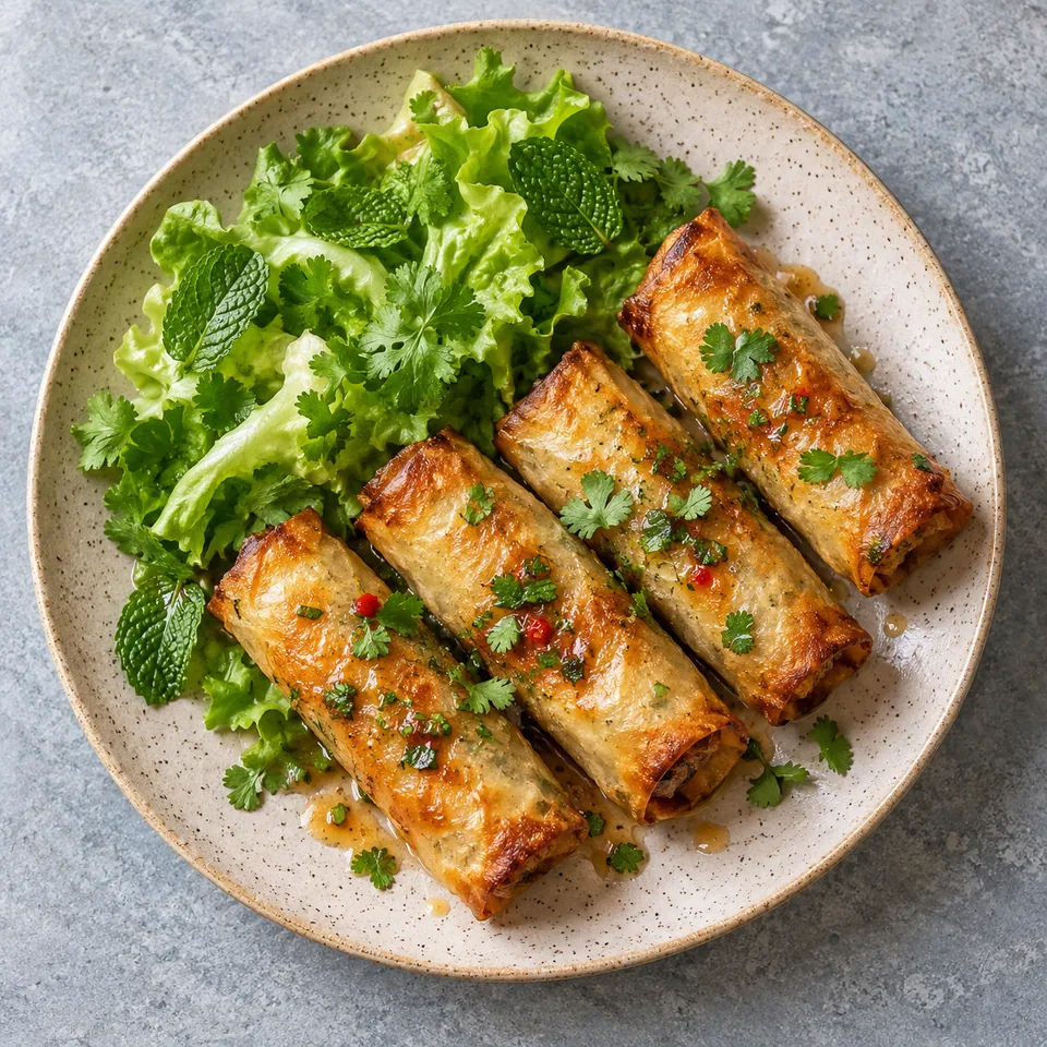 Nems de poulet croustillants au four dorés, servis avec laitue, herbes fraîches et sauce citron vert sur une assiette en grès beige.