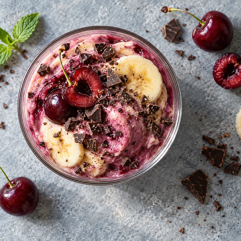 Nice cream banane-cerise dans une verrine, crème violette parsemée d'éclats de chocolat noir.