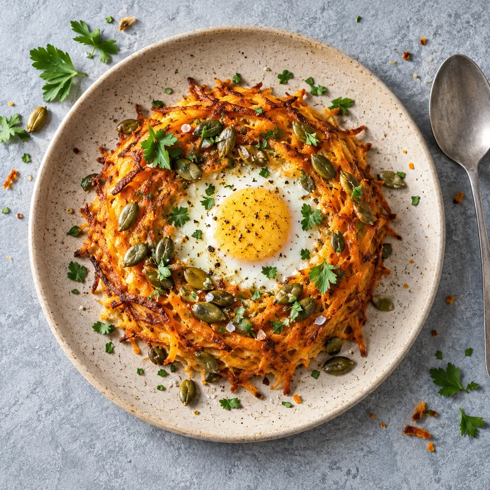 Nid de patate douce aux œufs bien cuits sur assiette grès beige, parsemé de graines de courge.