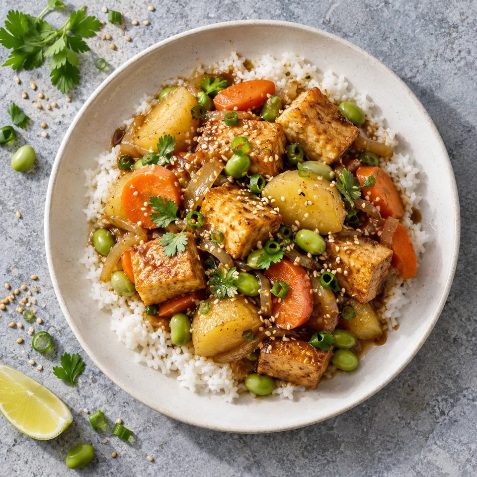 Nikujaga végétal au tofu doré servi sur riz blanc dans une assiette blanche, garni de légumes colorés et de graines de sésame.