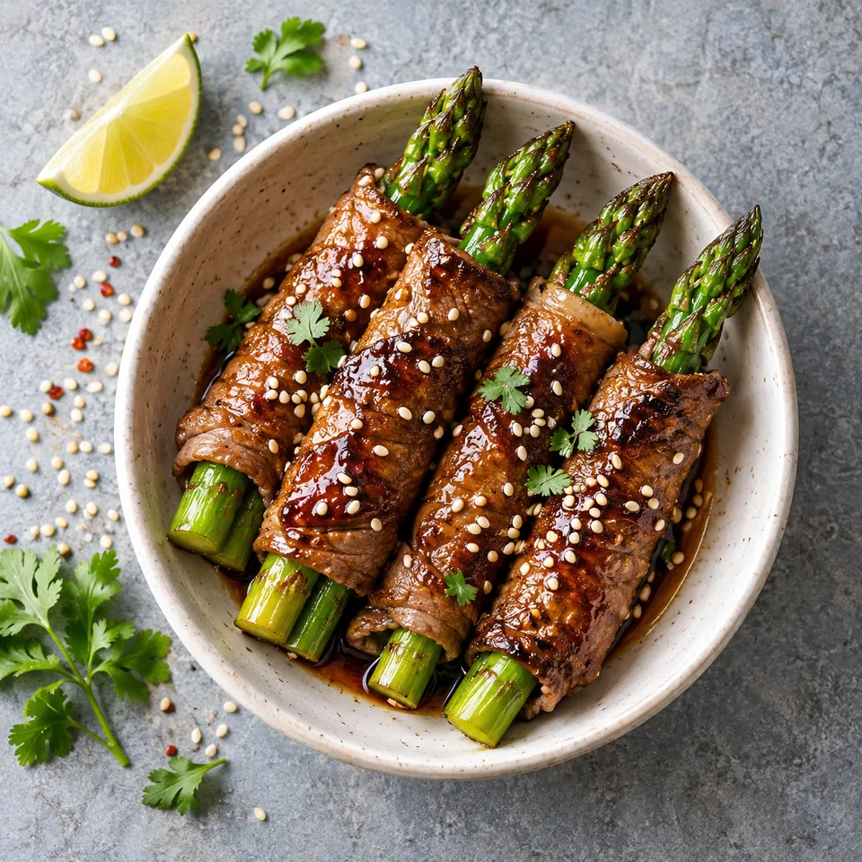 Nikumaki d’asperges au bœuf teriyaki : rouleaux de viande dorée et brillante enrobant des asperges vertes, parsemés de sésame, dans un bol blanc.