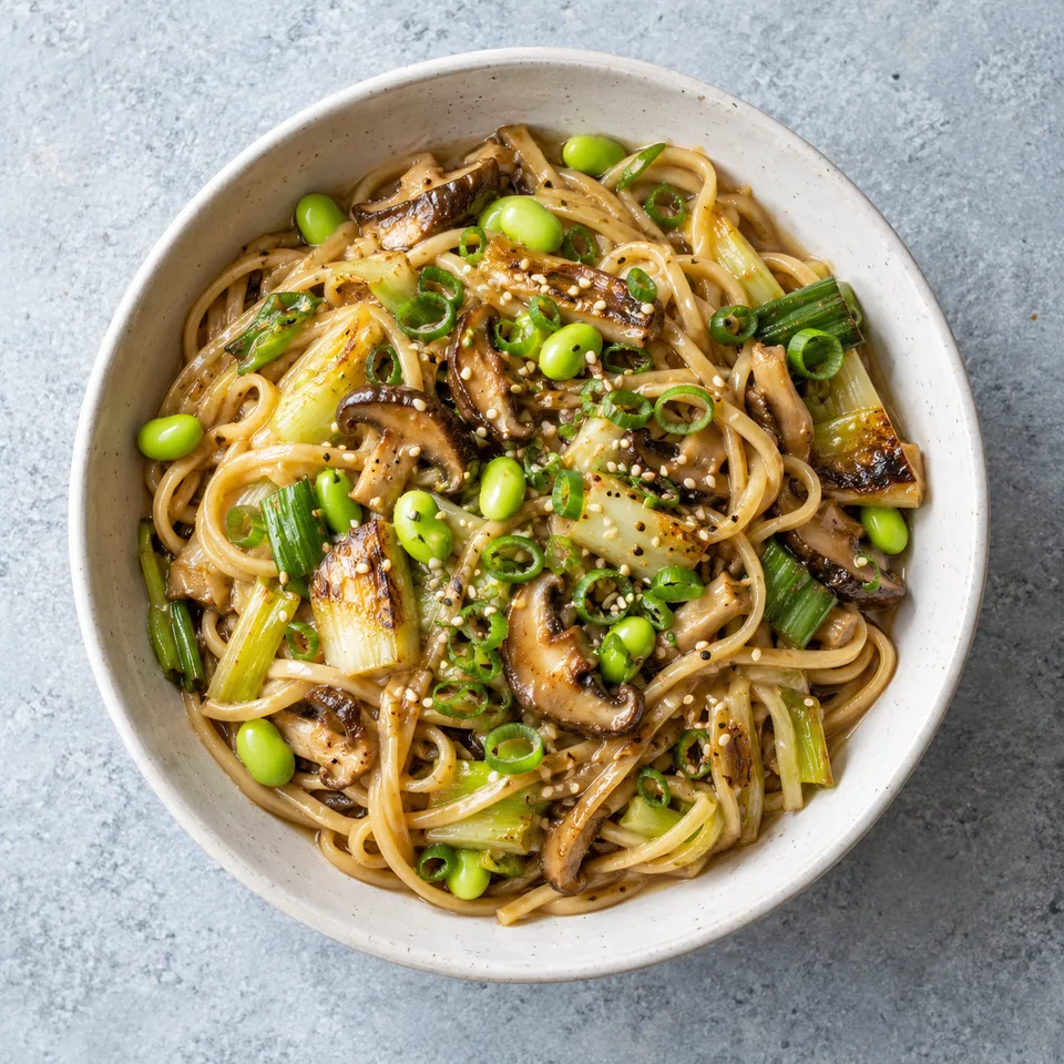Nouilles au miso, poireaux et champignons dans un bol blanc cassé, garnies d'edamame et de ciboule.