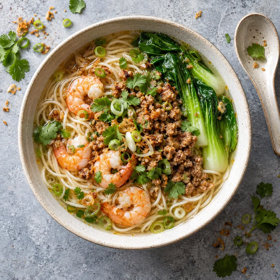 Nouilles danzai de Tainan au porc et crevettes dans un bol, avec pak choï et coriandre.