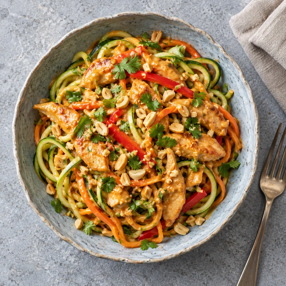 Nouilles de courgette au poulet cacahuète dans un bol bleu-gris, sauce brillante, légumes croquants et cacahuètes dorées.