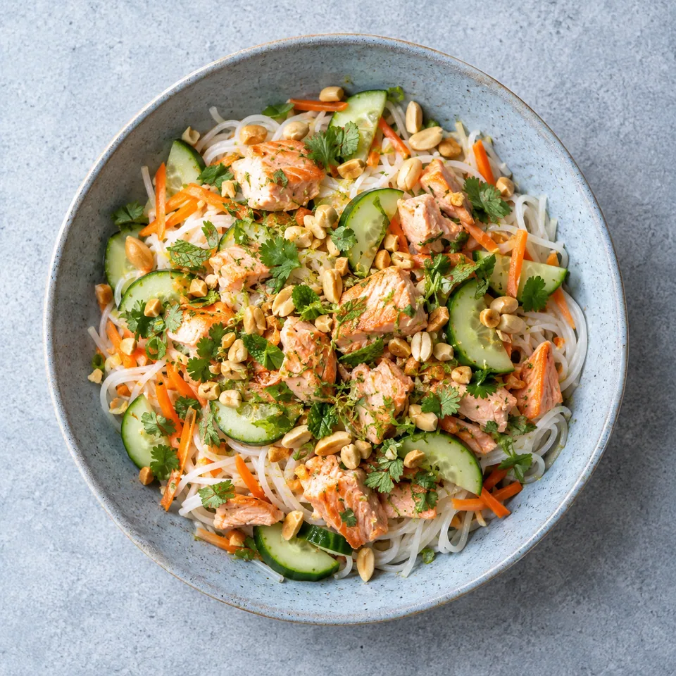 Nouilles de riz au saumon, concombre et carotte dans une assiette creuse bleu-gris, parsemée de cacahuètes et d'herbes.