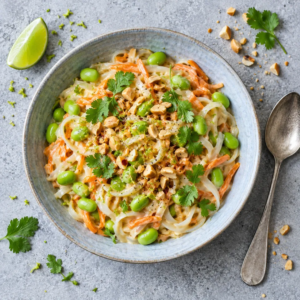Nouilles de riz aux edamame et sauce coco-citron vert dans une assiette creuse bleue, garnies de cacahuètes et coriandre.