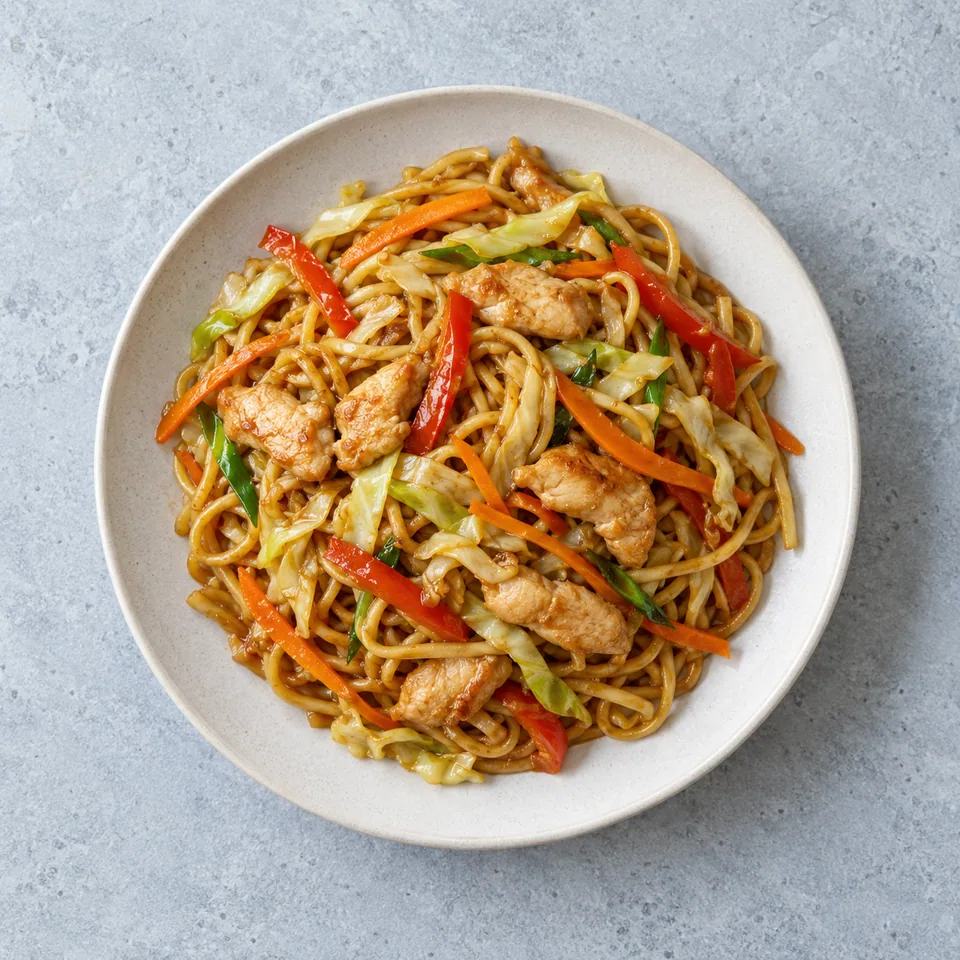 Nouilles sautées au poulet : nouilles enrobées de sauce, poulet et légumes émincés colorés dans une assiette.