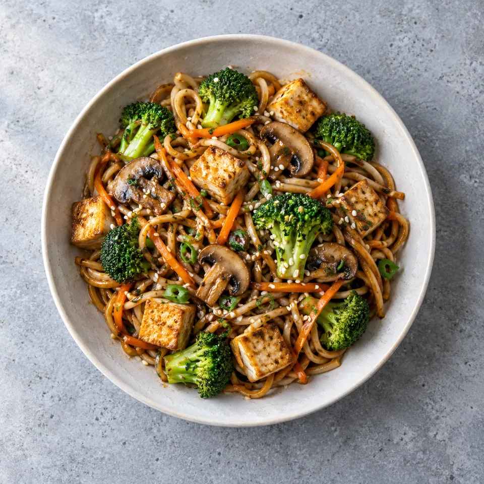 Nouilles sautées au tofu : nouilles, tofu doré, brocoli, champignons et carotte, garnis de graines de sésame.