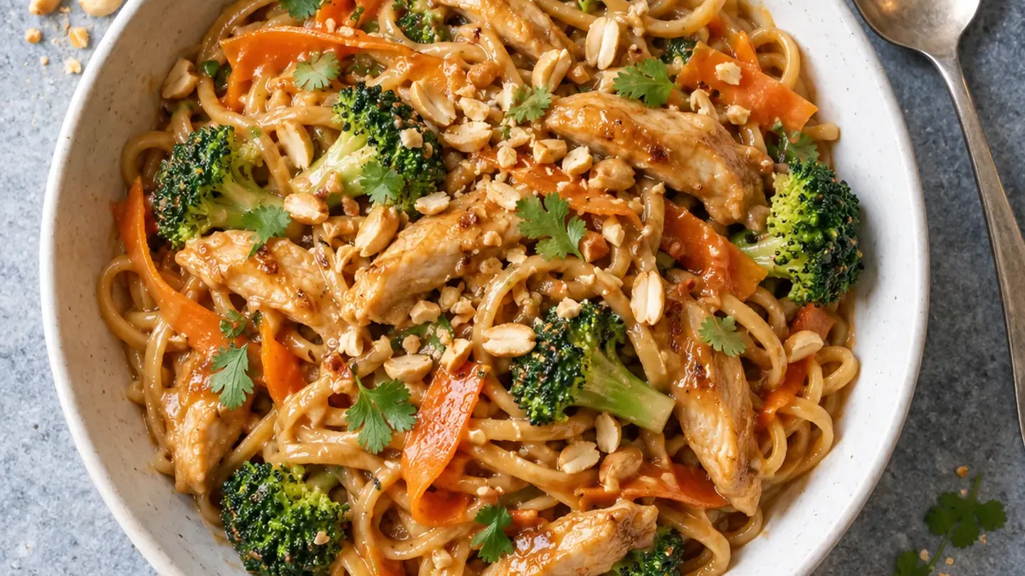 Nouilles sautées poulet-cacahuète, sauce satay