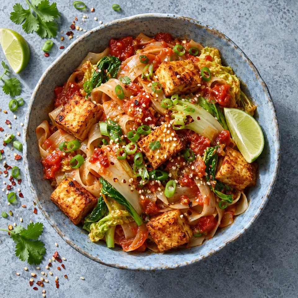 Nouilles shan à la tomate et au tofu dans un bol bleu-gris, garnies de tofu doré, chou vert et sésame.