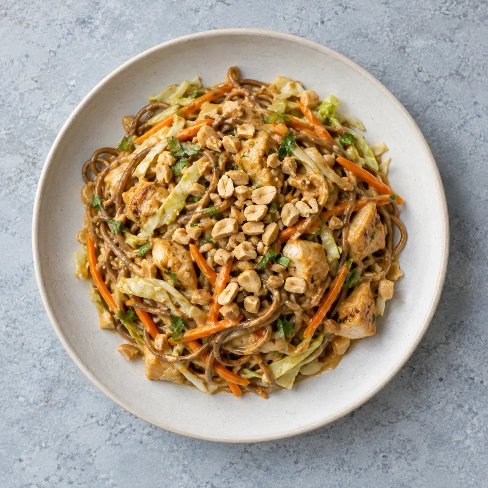 Nouilles soba au poulet avec chou émincé, carottes en lamelles et cacahuètes concassées.