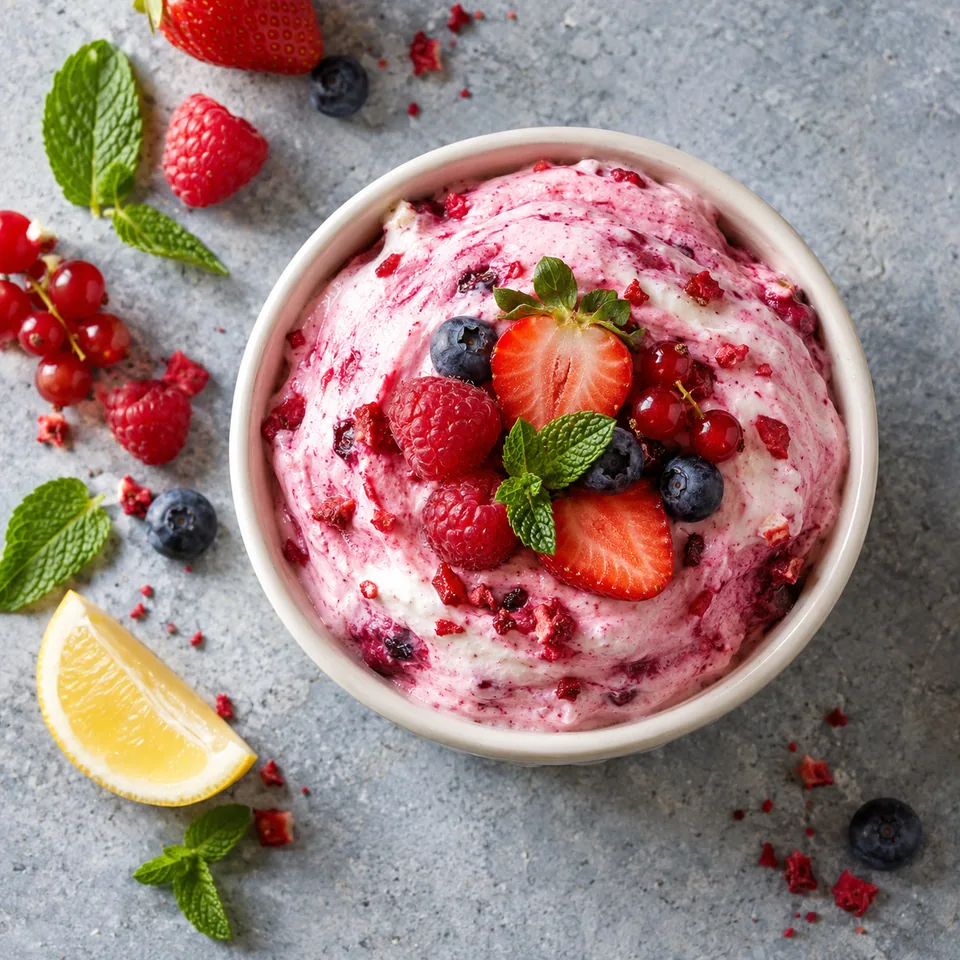 Ramequin blanc cassé contenant une mousse rose et blanche de fruits rouges au skyr, texture aérienne et lisse.