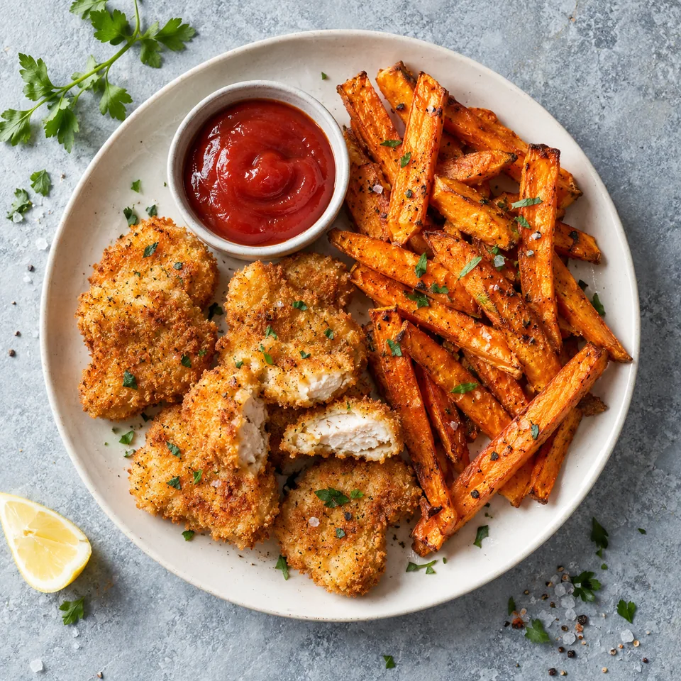 Nuggets de poulet au four et frites de patate douce sur assiette blanche avec sauce tomate