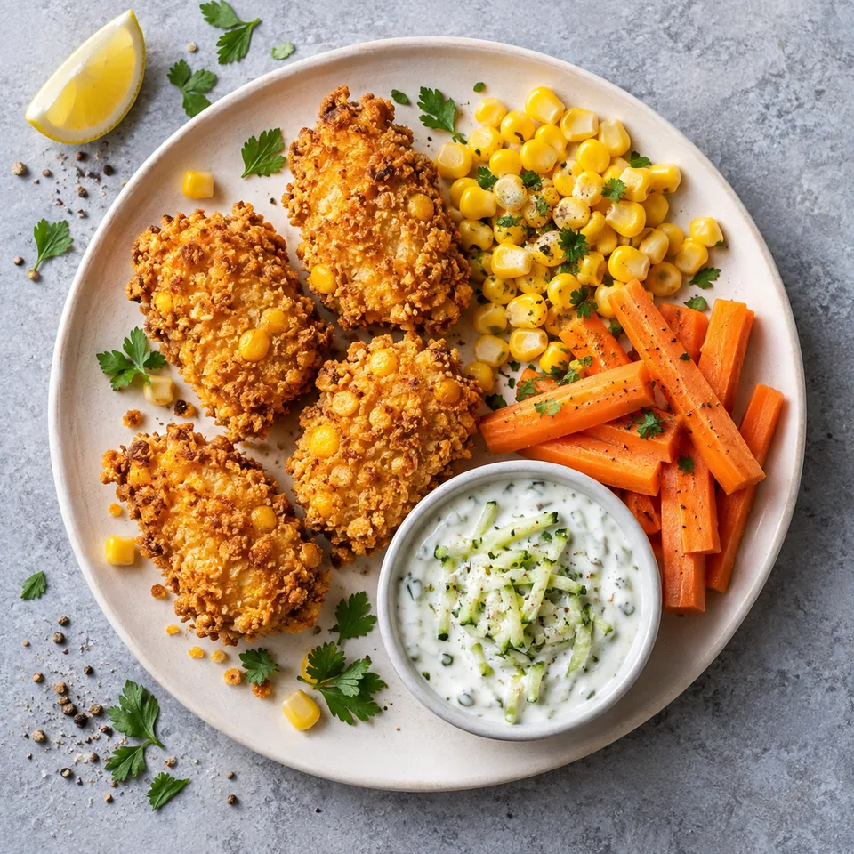 Nuggets de poulet en croûte de maïs dorés, carottes et dip yaourt-tomate sur assiette blanche.