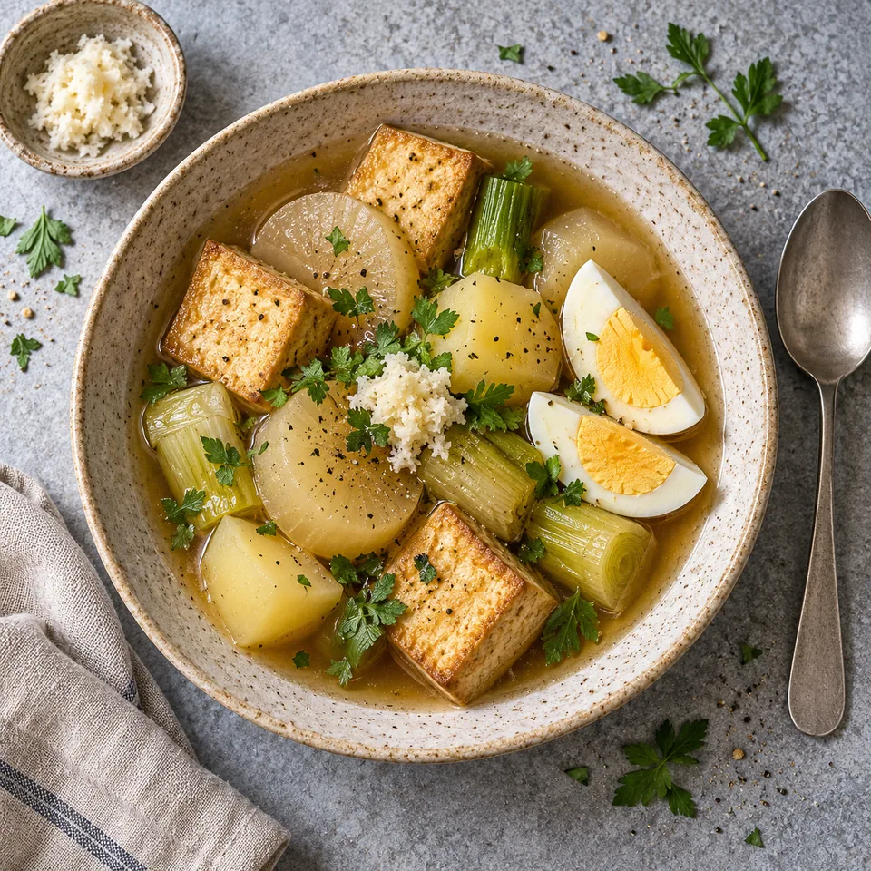 Assiette d'oden express avec tofu doré, daikon, pommes de terre, poireaux, œufs durs et raifort.