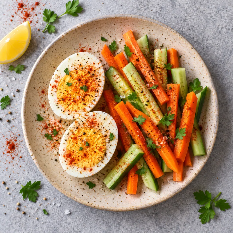 Œuf dur au paprika et bâtonnets croquants : œuf coupé en deux, carottes et concombres en bâtonnets sur assiette beige.