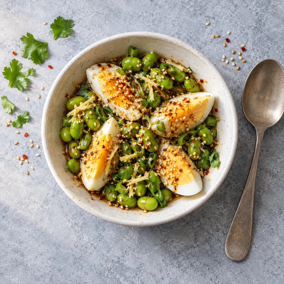 Œuf dur au soja, edamame et sésame : œuf en quartiers et edamame verts dans un bol blanc cassé, parsemés de sésame doré et gingembre.