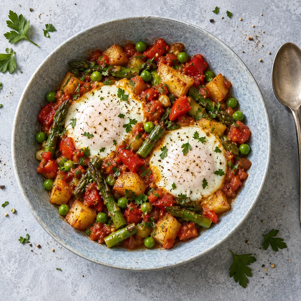 Assiette creuse bleu-gris contenant une portion d'œufs à la flamenca aux légumes mijotés et œufs au plat.